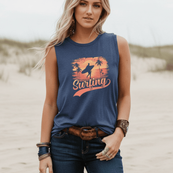 Boho Beach Hut Tank Tops, Plus Size, Sleeveless Shirt, Graphic Print Tank Top Surfing Graphic Tank Top Blue / S