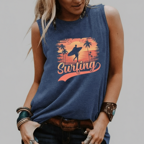 Boho Beach Hut Tank Tops, Plus Size, Sleeveless Shirt, Graphic Print Tank Top Surfing Graphic Tank Top Blue / S