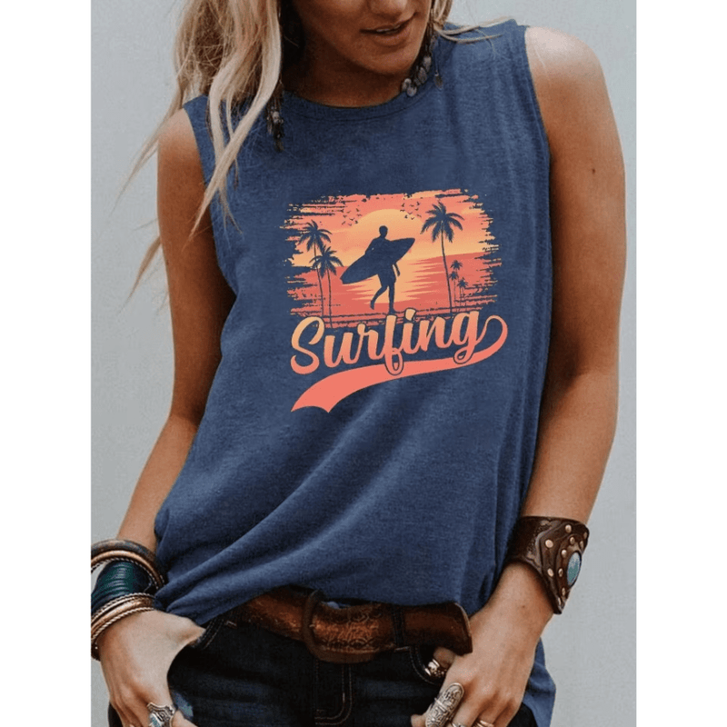 Boho Beach Hut Tank Tops, Plus Size, Sleeveless Shirt, Graphic Print Tank Top Surfing Graphic Tank Top Blue / S