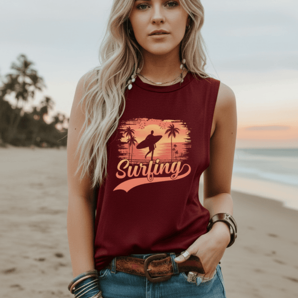 Boho Beach Hut Tank Tops, Plus Size, Sleeveless Shirt, Graphic Print Tank Top Surfing Graphic Tank Top Burgundy / S
