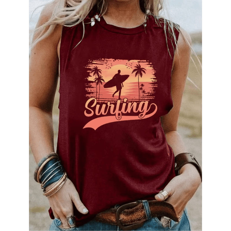 Boho Beach Hut Tank Tops, Plus Size, Sleeveless Shirt, Graphic Print Tank Top Surfing Graphic Tank Top Burgundy / S