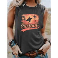 Boho Beach Hut Tank Tops, Plus Size, Sleeveless Shirt, Graphic Print Tank Top Surfing Graphic Tank Top Dark Gray / S