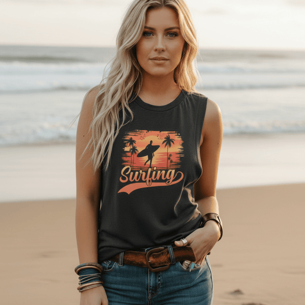 Boho Beach Hut Tank Tops, Plus Size, Sleeveless Shirt, Graphic Print Tank Top Surfing Graphic Tank Top Dark Gray / S