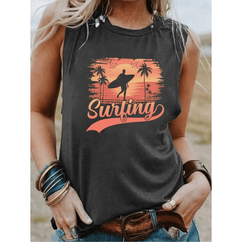 Boho Beach Hut Tank Tops, Plus Size, Sleeveless Shirt, Graphic Print Tank Top Surfing Graphic Tank Top Dark Gray / S