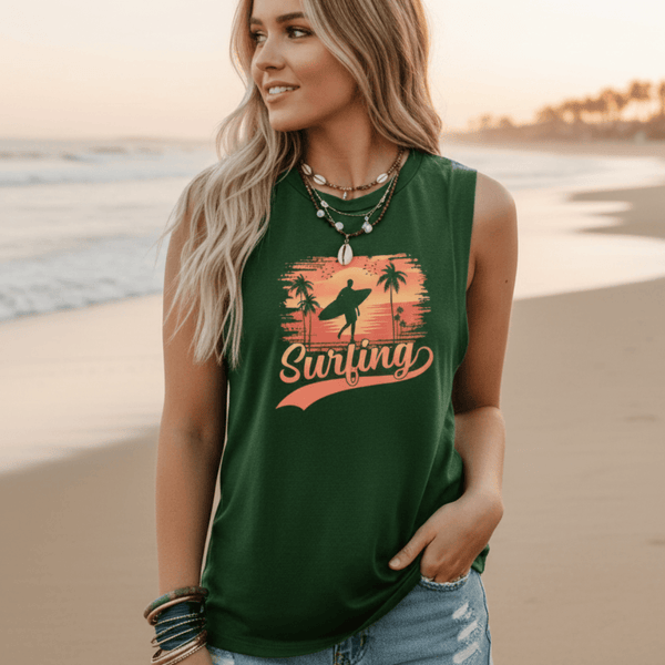 Boho Beach Hut Tank Tops, Plus Size, Sleeveless Shirt, Graphic Print Tank Top Surfing Graphic Tank Top Green / S