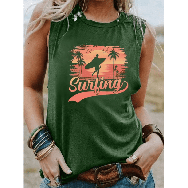 Boho Beach Hut Tank Tops, Plus Size, Sleeveless Shirt, Graphic Print Tank Top Surfing Graphic Tank Top Green / S