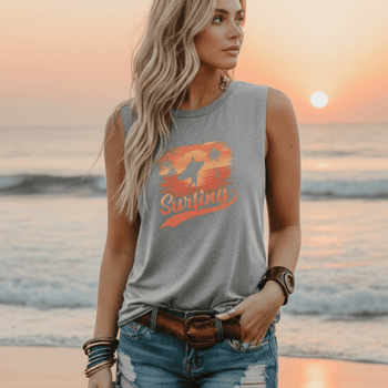 Boho Beach Hut Tank Tops, Plus Size, Sleeveless Shirt, Graphic Print Tank Top Surfing Graphic Tank Top Light Gray / S