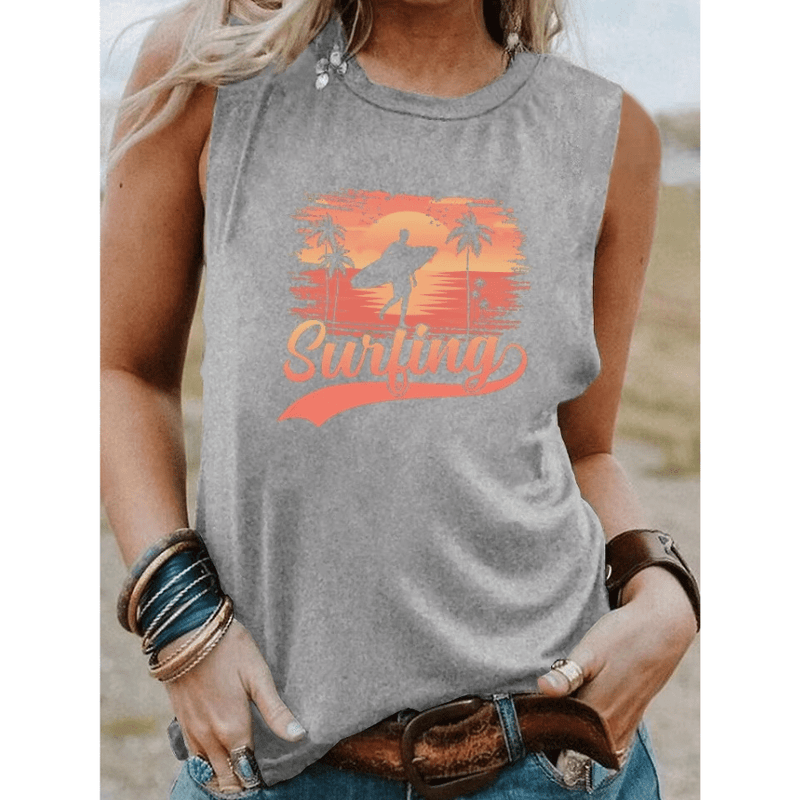Boho Beach Hut Tank Tops, Plus Size, Sleeveless Shirt, Graphic Print Tank Top Surfing Graphic Tank Top Light Gray / S
