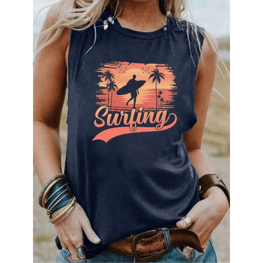 Boho Beach Hut Tank Tops, Plus Size, Sleeveless Shirt, Graphic Print Tank Top Surfing Graphic Tank Top Navy Blue / S