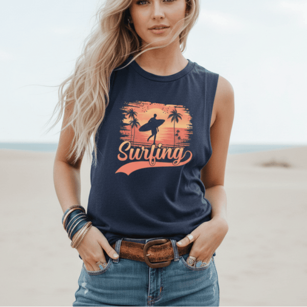 Boho Beach Hut Tank Tops, Plus Size, Sleeveless Shirt, Graphic Print Tank Top Surfing Graphic Tank Top Navy Blue / S