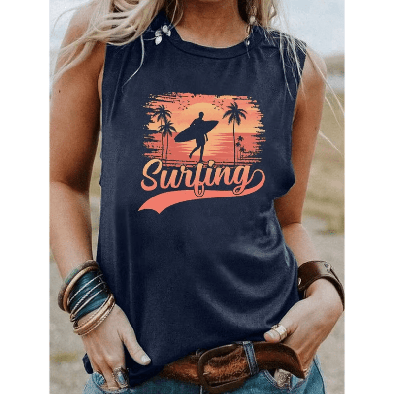 Boho Beach Hut Tank Tops, Plus Size, Sleeveless Shirt, Graphic Print Tank Top Surfing Graphic Tank Top Navy Blue / S