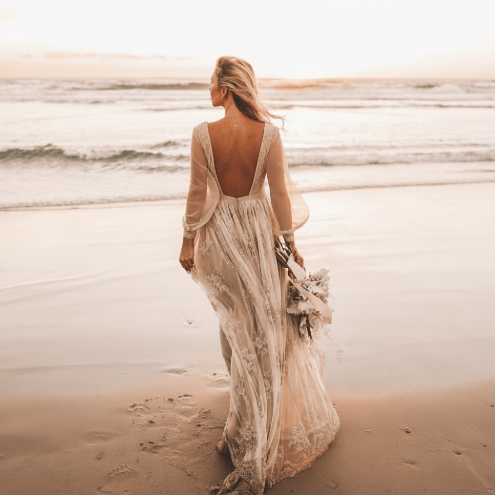 Boho Champagne Lace Beach Wedding Dress