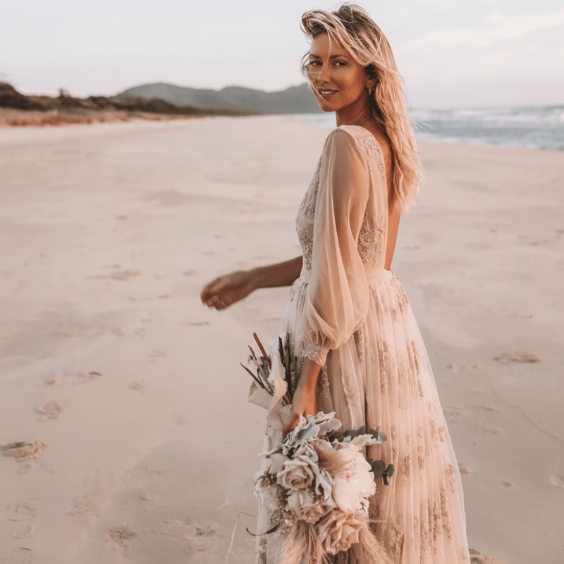 Boho Champagne Lace Beach Wedding Dress