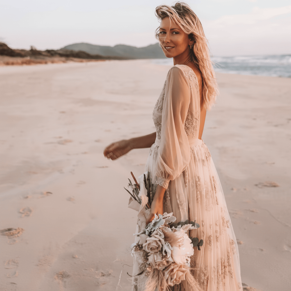 Boho Champagne Lace Beach Wedding Dress