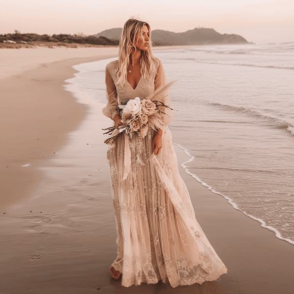 Boho Champagne Lace Beach Wedding Dress
