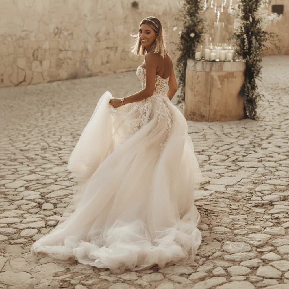 off the shoulder boho wedding dress Lace | Off-the-Shoulder A-Line Bridal Gown with Train in White - Women's Boho Fashion A-line, Empire Waist Size:38