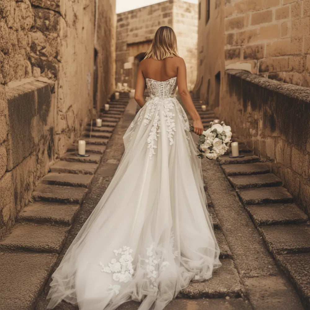 Boho Lace Wedding Dress | Off-the-Shoulder A-Line Bridal Gown with Train in White - Women's Boho Fashion A-line, Empire Waist