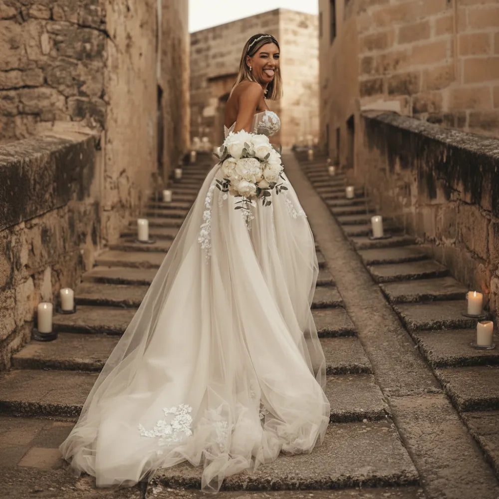 Boho Lace Wedding Dress | Off-the-Shoulder A-Line Bridal Gown with Train in White - Women's Boho Fashion A-line, Empire Waist