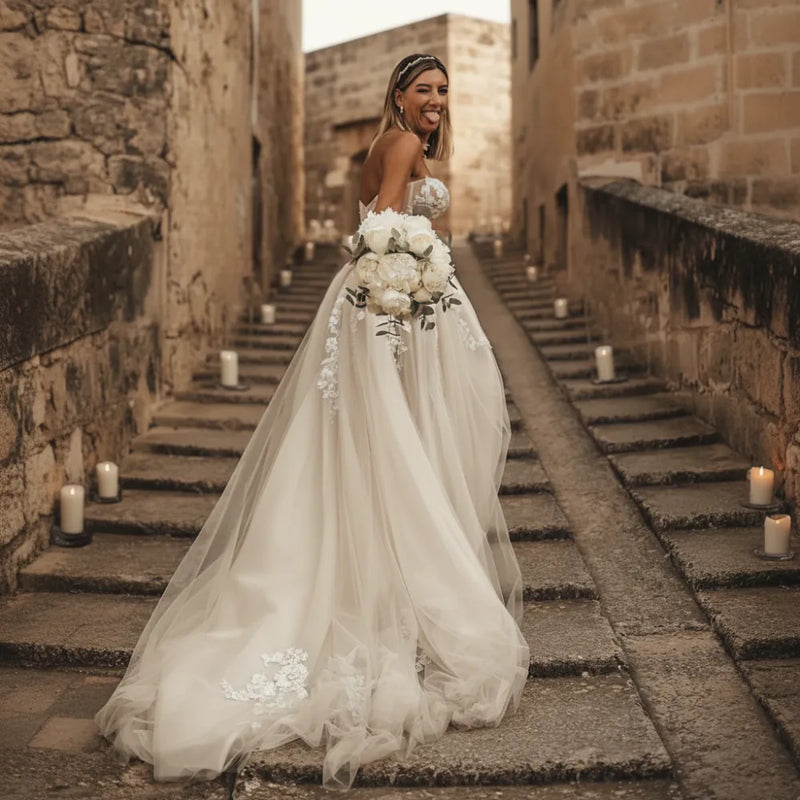 Boho Lace Wedding Dress | Off-the-Shoulder A-Line Bridal Gown with Train in White - Women's Boho Fashion A-line, Empire Waist