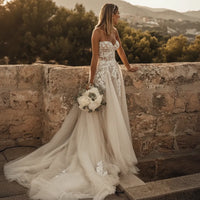 Boho Lace Wedding Dress | Off-the-Shoulder A-Line Bridal Gown with Train in White - Women's Boho Fashion A-line, Empire Waist