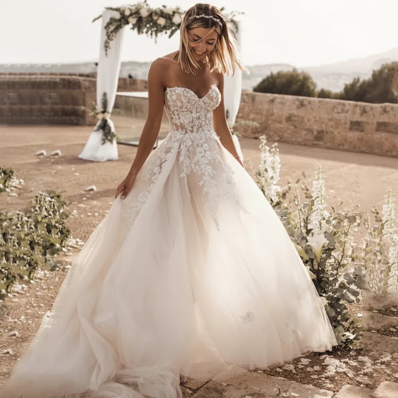 Boho Lace Wedding Dress | Off-the-Shoulder A-Line Bridal Gown with Train in White - Women's Boho Fashion A-line, Empire Waist