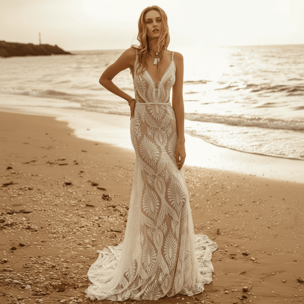 boho a line wedding dress Sylvette  Lace A-Line with Long Sleeves  & M Enterprises Bridal high neckline Boho Wedding Dress Sweetheart Lace