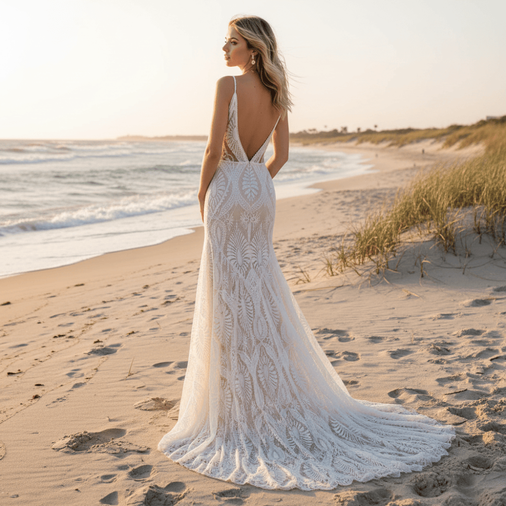 Back of a bride wearing a white lace A-line wedding dress with a sweetheart neckline, long lace sleeves, floral lace detailing, zipper back, and court train.