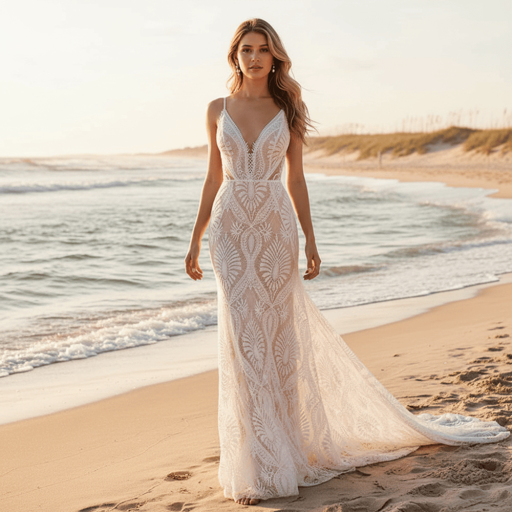 Bride wearing a white lace A-line wedding dress with a sweetheart neckline, long lace sleeves, floral lace detailing, zipper back, and court train.