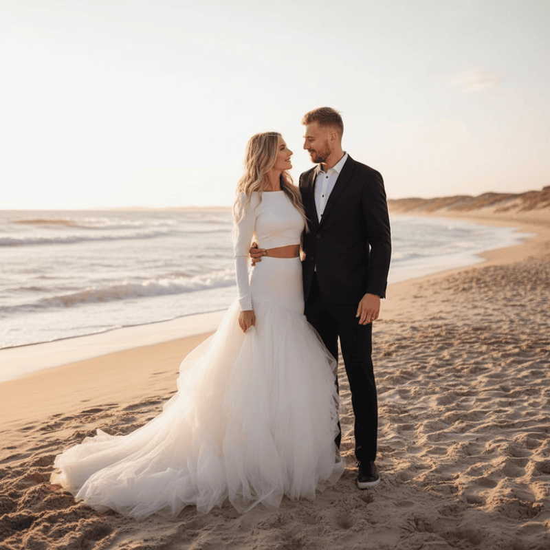 beach two piece wedding dress Boho Two-Piece Long Sleeve A-Line Ivory Color:Chambray