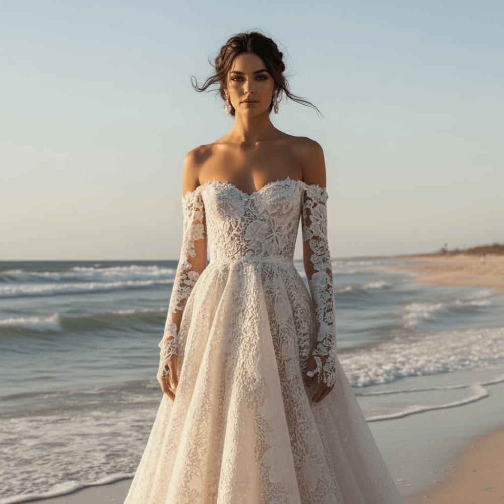Close up of a bride wearing a white off-the-shoulder floral lace ball gown wedding dress with sweetheart neckline, long illusion sleeves, embroidered lace, and dramatic court train.