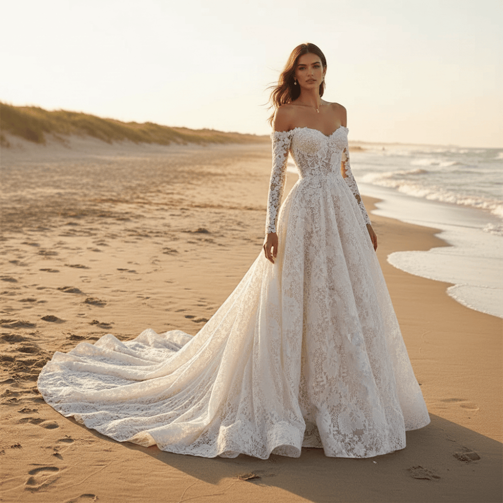Bride wearing an off white off-the-shoulder floral lace ball gown wedding dress with sweetheart neckline, long illusion sleeves, embroidered lace, and dramatic court train.