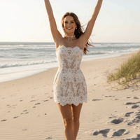 White Strapless Lace Wedding Dress | Bridal Mini Reception Dress in White - Women's Boho Fashion Straight Fit