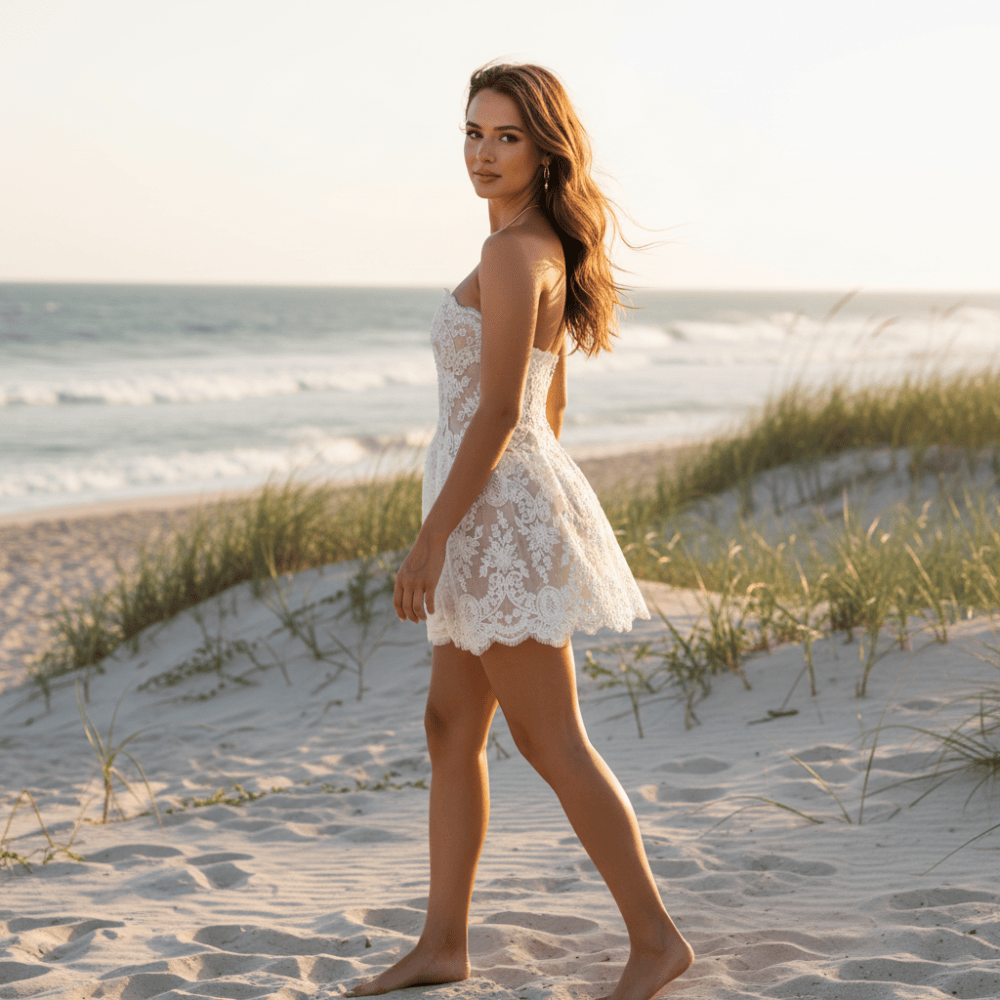 White Strapless Lace Wedding Dress | Bridal Mini Reception Dress in White - Women's Boho Fashion Straight Fit