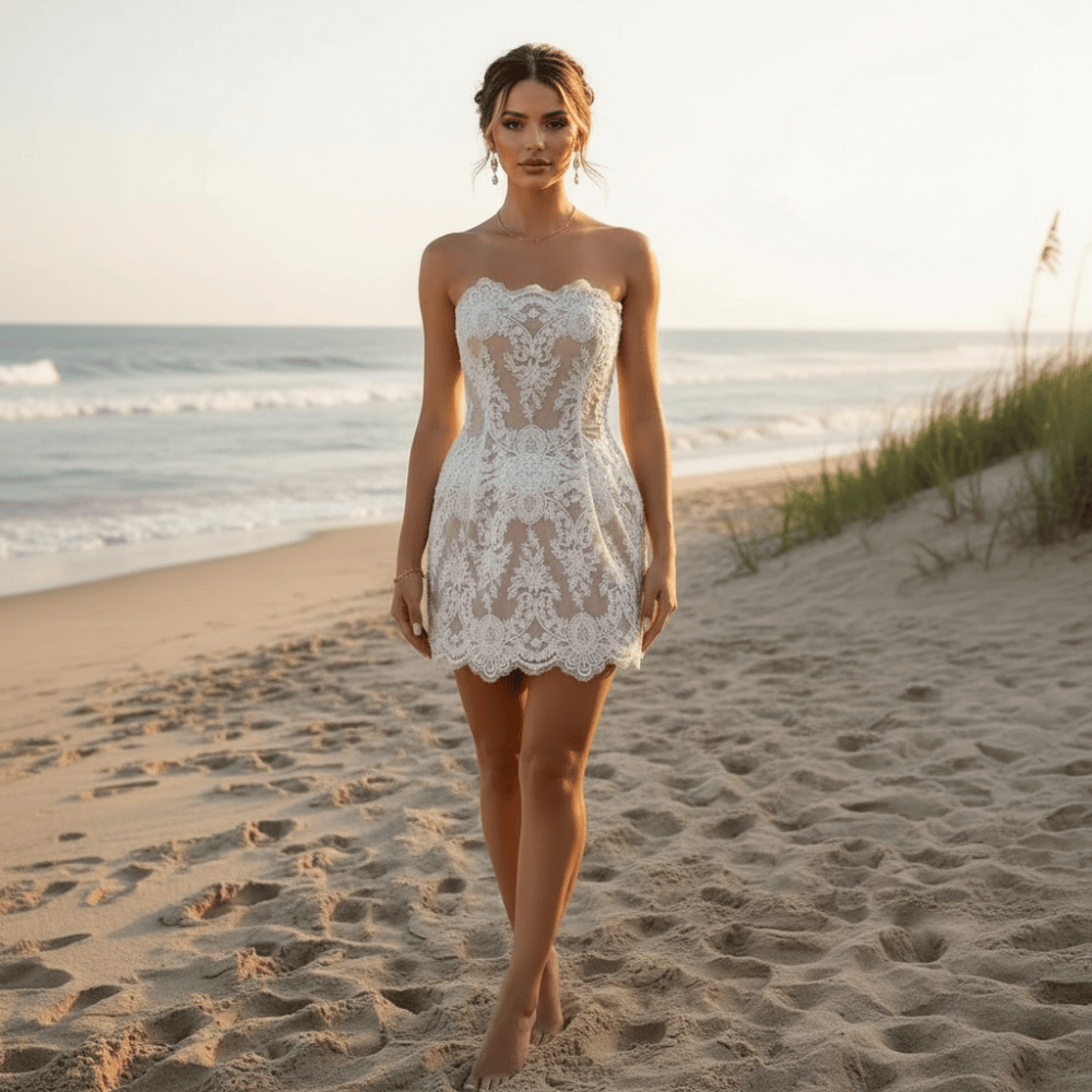 White strapless lace wedding dress with floral lace appliqués, pearl and crystal embellishments, sheer mesh detailing, built-in bra, and an elegant mini bridal silhouette.