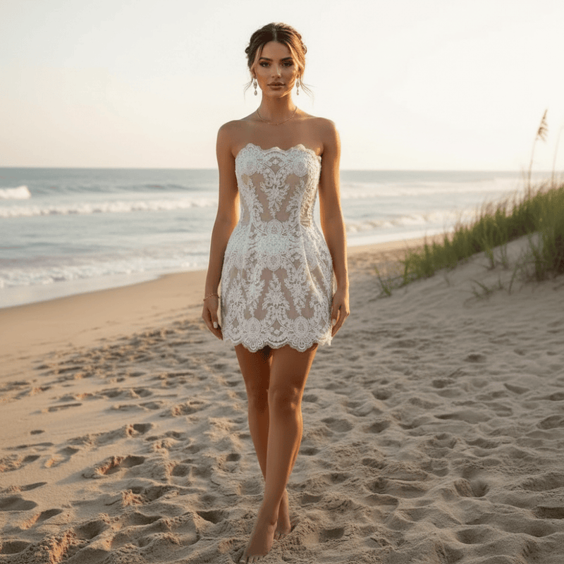White Strapless Lace Wedding Dress | Bridal Mini Reception Dress in White - Women's Boho Fashion Straight Fit