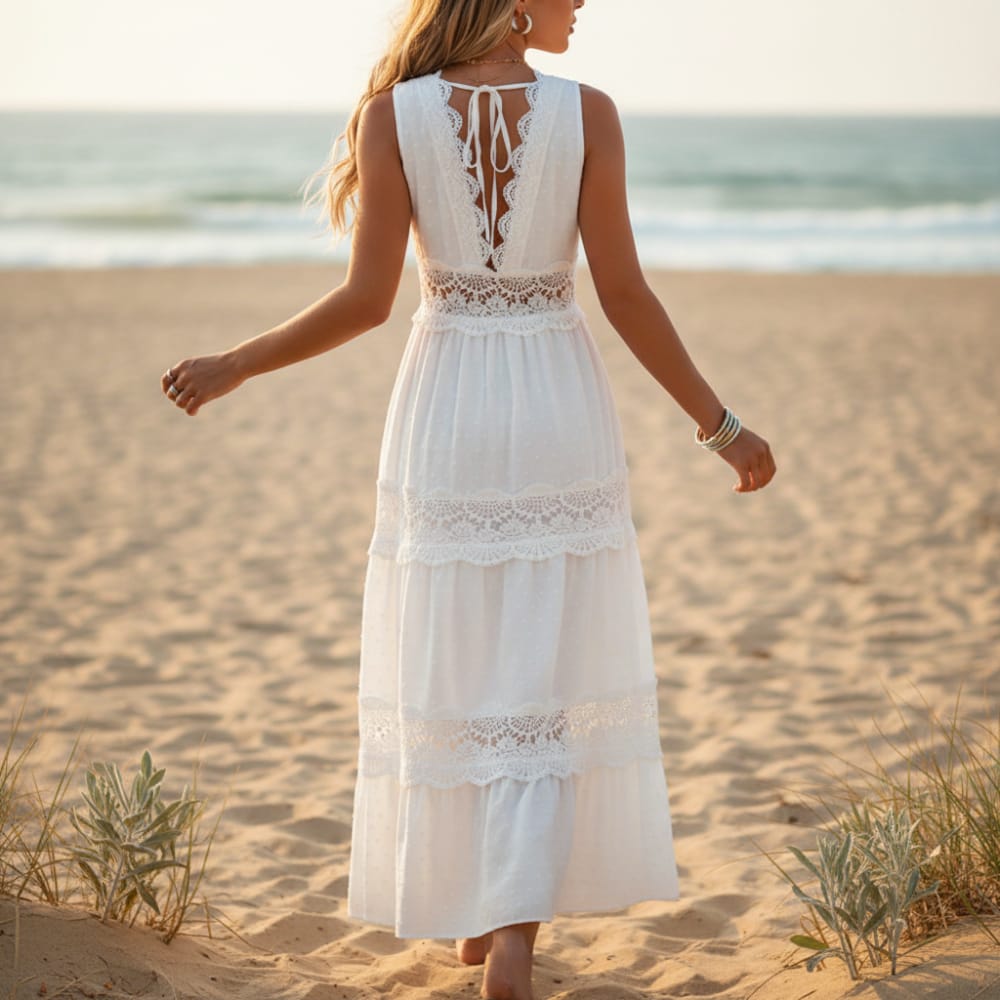Elegant White Lace Boho Maxi Dress V-Back Beach Wedding Dress Boho Beach Hut Elegant White Lace Boho Maxi Dress V-Back Beach Wedding Dress Boho Beach Hut