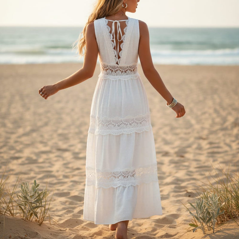 Elegant White Lace Boho Maxi Dress V-Back Beach Wedding Dress in White | Women's Boho Fashion | XL | Synthetic, Polyester Elegant White Lace Boho Maxi Dress V-Back Beach Wedding Dress in White | Women's Boho Fashion | XL | Synthetic, Polyester