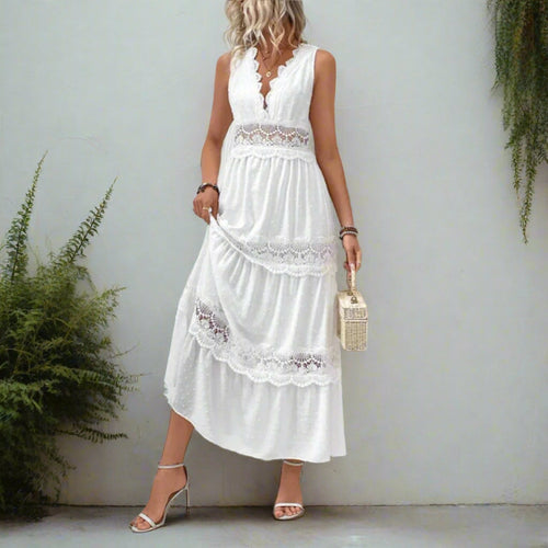 Boho Beach Hut White Maxi Dress Boho Elegant White Lace Maxi Dress White / S
