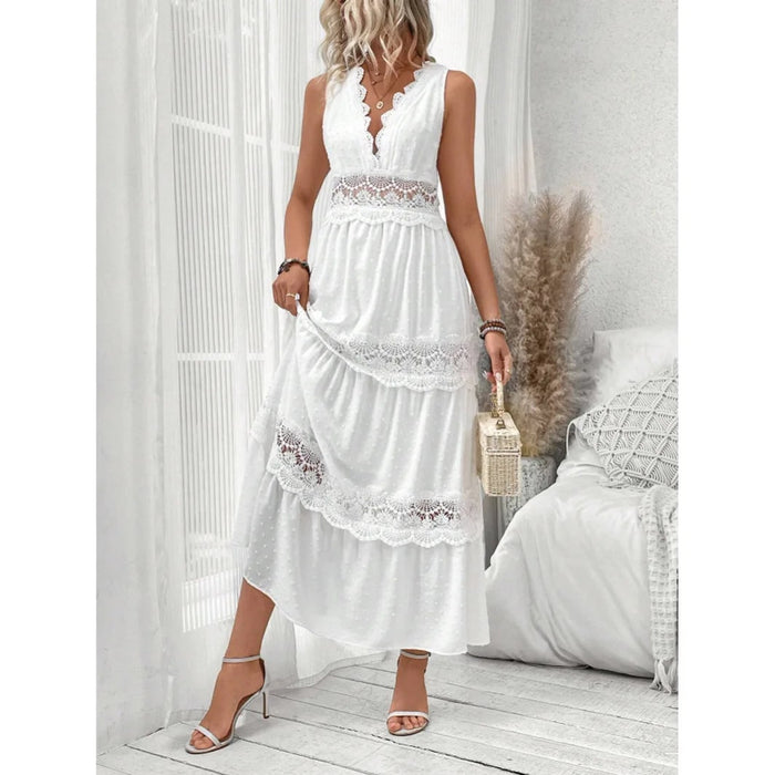 Boho Beach Hut White Maxi Dress Boho Elegant White Lace Maxi Dress White / S