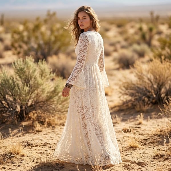 Back view of a white floral lace maxi dress featuring long flared sleeves, a fitted empire waist, and a flowing floor-length skirt.