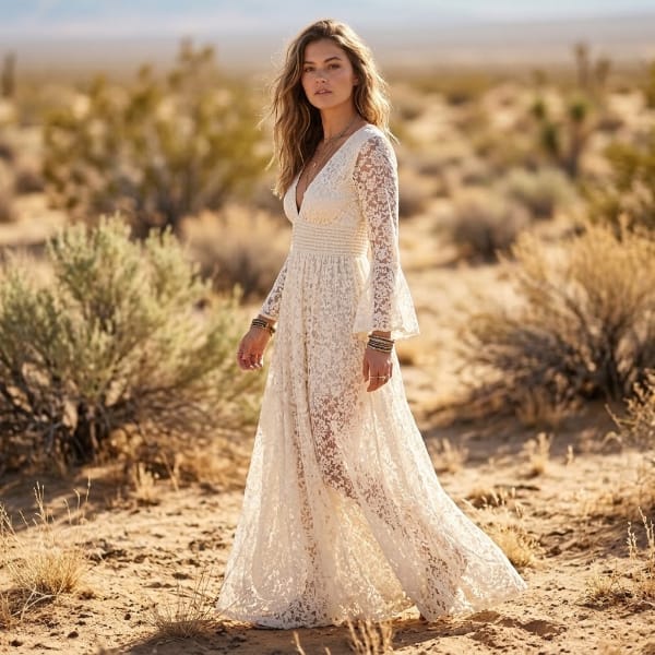 Side view of a white floral lace maxi dress featuring long flared sleeves, a fitted empire waist, and a flowing floor-length skirt.