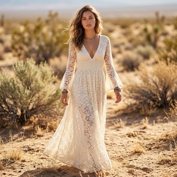 Woman wearing a white boho lace maxi dress with long bell sleeves, deep V-neckline, empire waist, and flowing A-line skirt.