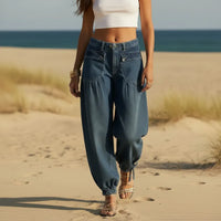 Boho Beach Hut Wide Leg Denim Jeans, Hippie Pants Boho Wide Leg Denim Hippie Pants Dark Blue / S