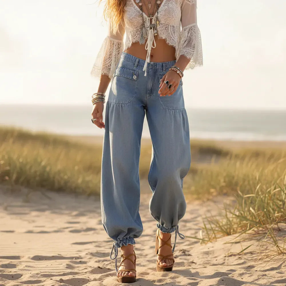 Boho Beach Hut Wide Leg Denim Jeans, Hippie Pants Boho Wide Leg Denim Hippie Pants Light  Blue / S