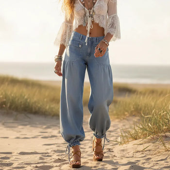 Boho Beach Hut Wide Leg Denim Jeans, Hippie Pants Boho Wide Leg Denim Hippie Pants Light  Blue / S