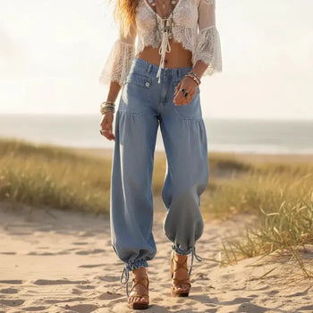 Boho Beach Hut Wide Leg Denim Jeans, Hippie Pants Boho Wide Leg Denim Hippie Pants Light  Blue / S