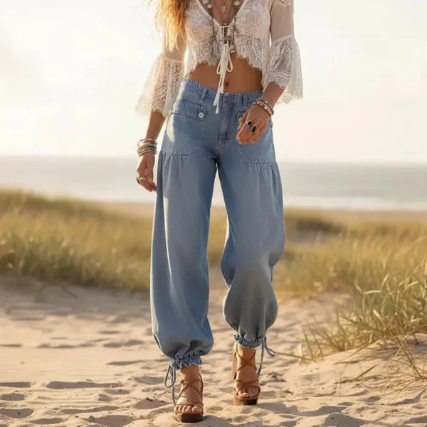 Boho Beach Hut Wide Leg Denim Jeans, Hippie Pants Boho Wide Leg Denim Hippie Pants Light  Blue / S