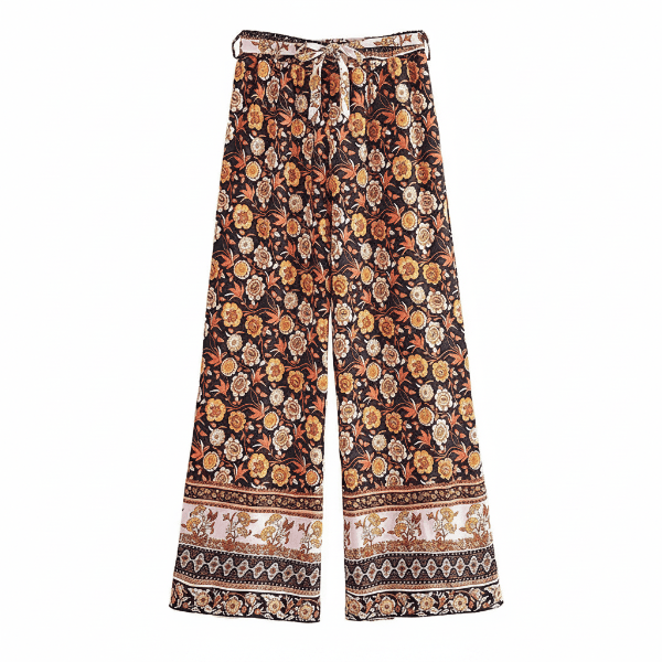 Autumn Bloom boho wide leg pants with functional side pockets, a high waist drawstring waistband, lightweight rayon fabric, and a flowy floral palazzo silhouette.