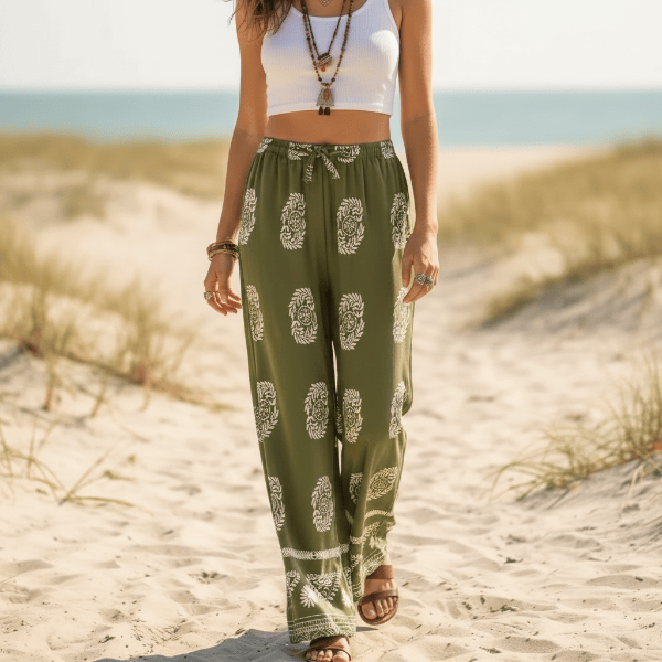 Woman wearing Boho Olive Meadow wide leg palazzo pants in olive green with ivory boho print and relaxed rayon fabric.