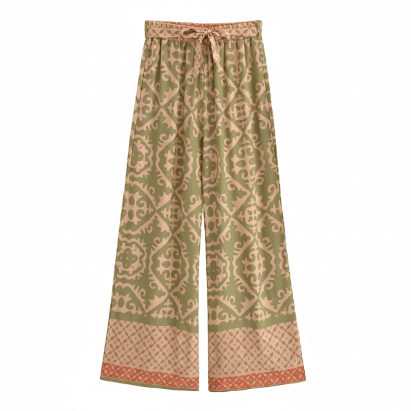 Olive sage boho wide leg palazzo pants with a high waist drawstring waistband.